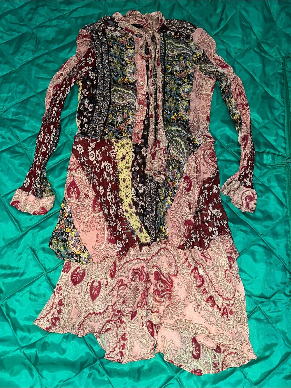 Zara Mixed Paisley Patchwork Long-Sleeve Dress in Burgundy, Pink, Black